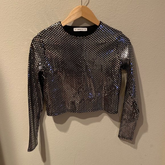 Zara Tops - Zara Black and Silver Crop Top Long Sleeve Blouse